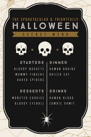 Black, White and Gold, Dark, Scary, Halloween Party Menu Halloween Party