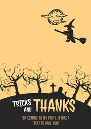 Yellow and Black Spooky Witch, Trees and Graveyard Halloween Party Thank You Card Halloween Party