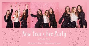 Pink Feminine New Year's Eve Party Facebook Post Graphic with Women and Confetti Happy New Year