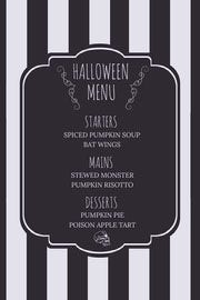 Black and White Stripes and Skull Halloween Party Menu Halloween Party