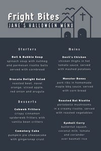 Grey and White Halloween Murder Mystery Party Menu Halloween Party