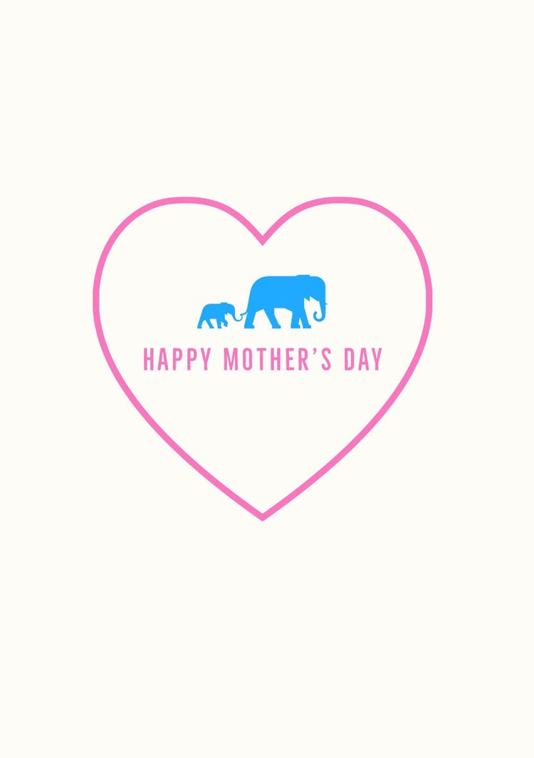Pink and Blue Illustrated Mothers Day Card with Elephants in Heart