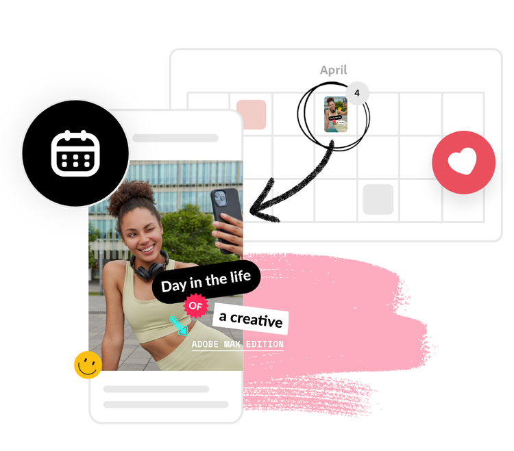 A calendar in the background with a black arrow pointing to a post scheduled using the Adobe Express tool.
