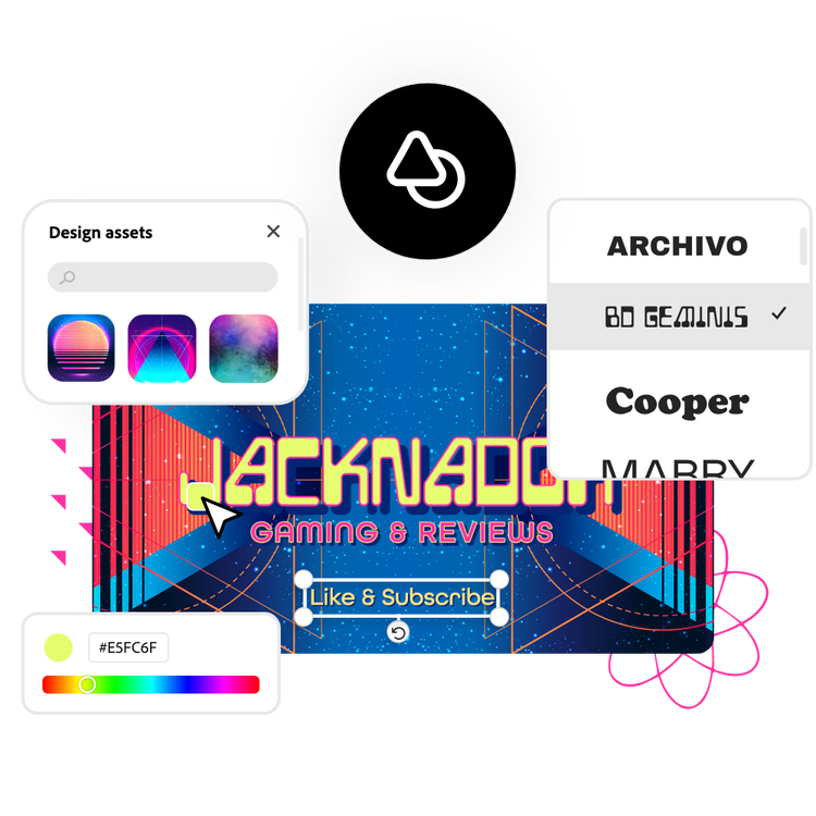 YouTube banner created with Adobe Express and its editing tools, featuring windows with design assets, fonts, and colors.