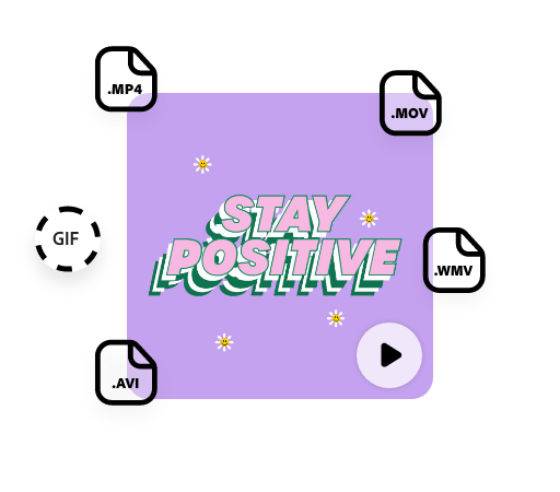Still frame of a purple video frame with 'Stay Positive' text in pink, green, and white, and icons for .mp4, .mov, .wmv, .avi, and .gif.