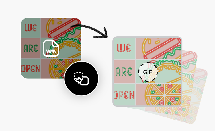 Duplicate frame of a video advertisement with 'We are open' text in green and red, featuring a grid, pizza, taco, and sandwich illustrations, .WMV and GIF icons, and format conversion icon.