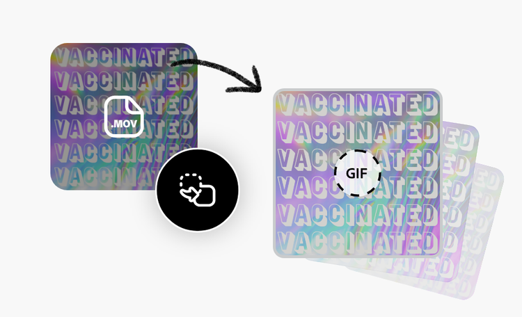 Duplicated still frame of a video with 'vaccinated' repeated, abstract background in yellow, pink, blue, green, and purple, .mov and GIF icons, and format conversion icon.