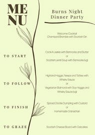 Green Burn's Night Dinner Party A4 Menu
