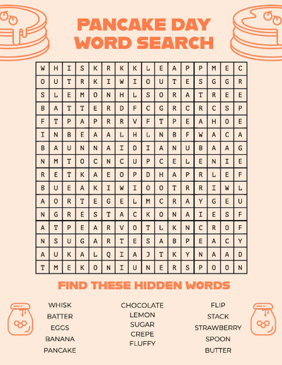 Orange Peach & Black Pancake Day Word Search A4 Worksheets