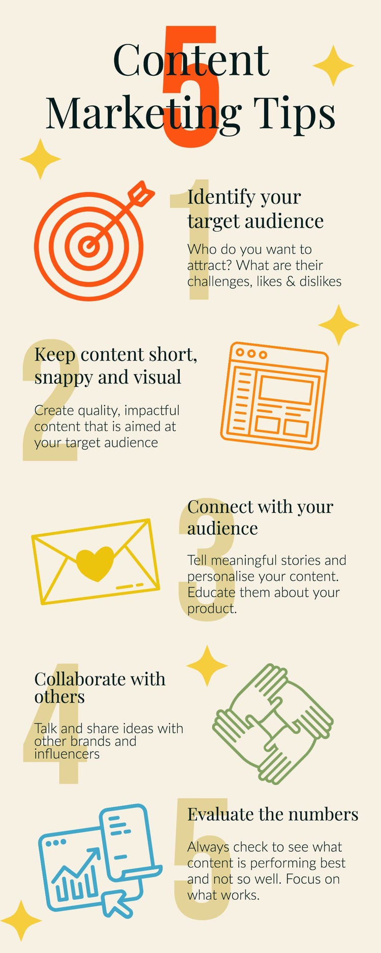 Beige & Multicoloured 5 Content Marketing Tips Infographic