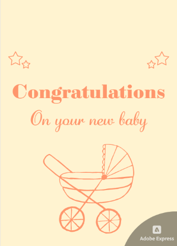 A card with a drawing of a stroller and stars Description automatically generated
