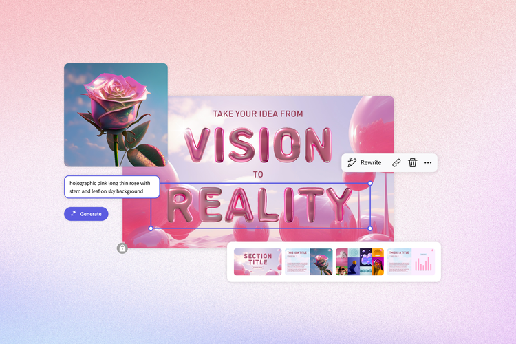 Generative AI is used to create a holographic pink rose against a blue sky within a presentation deck within Adobe Express.