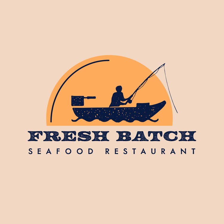 Illustrated Seafood Restaurant Logo with Man Fishing in Boat