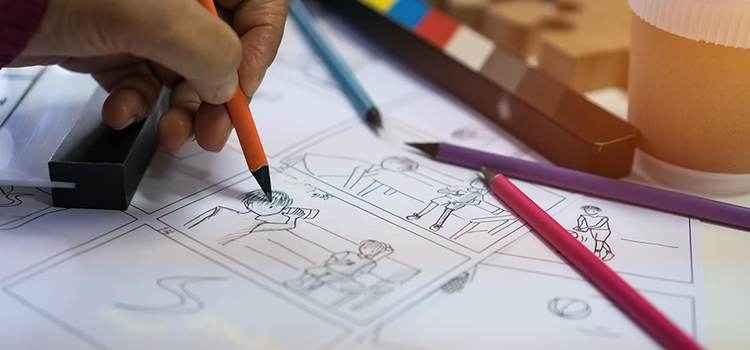 Hand sketching a comic strip storyboard in pencil, surrounded by coloured pencils on a desk
