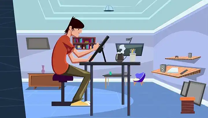 Illustrated animator sitting at a desk using a graphics tablet in a colourful digital workspace