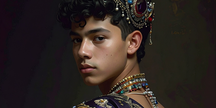 A teenage boy in luxurious jewels looks over his shoulder, directly at the viewer.