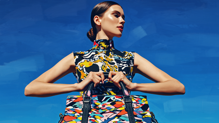 A stylish woman in a patterned dress stands against a clear blue sky. She is holding a patterned handbag in both hands at chest level.