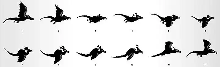 Twelve-frame sequence of a flying dragon illustrating animation frame by frame