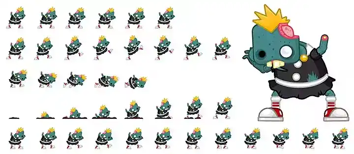2D character sprite sheet showing multiple animation frames of a punk zombie figure