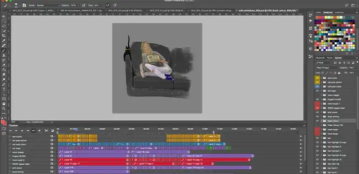 Screenshot of a digital illustration tool showing a storyboard panel on the canvas with layers and a colour palette