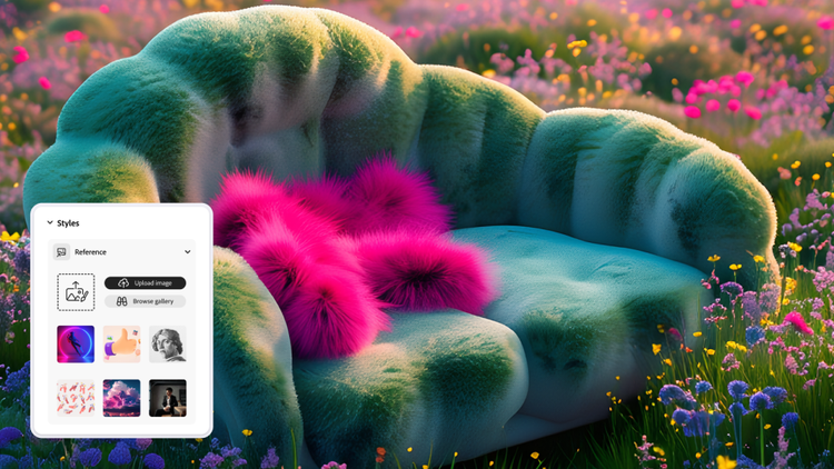 A moss-covered sofa with pink cushions, sitting in the middle of a blooming meadow. The Adobe Firefly user interface is on one side, demonstrating the Styles tool.