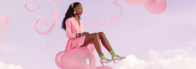 A fashionable young woman in a pink dress sits atop a giant pink teddy bear, which is floating through the air.
