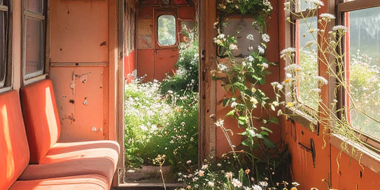 An abandoned train interior, overgrown with plants and flowers.