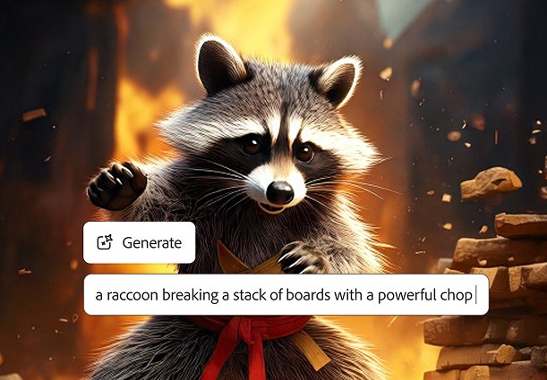 An AI-generated racoon breaks a stack of boards with a powerful chop based on a creative text prompt in the AI character generator.