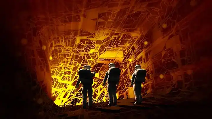 Three astronaut-like figures exploring a glowing orange CGI-rendered structure
