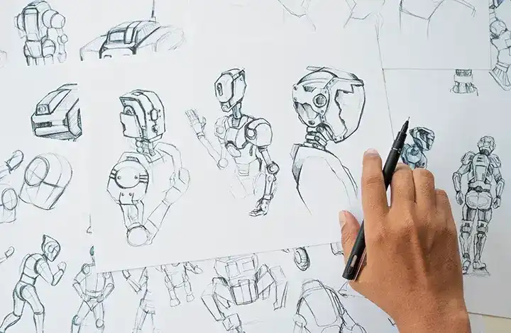 Hand sketching robot character designs in pencil, surrounded by multiple concept drawings on paper