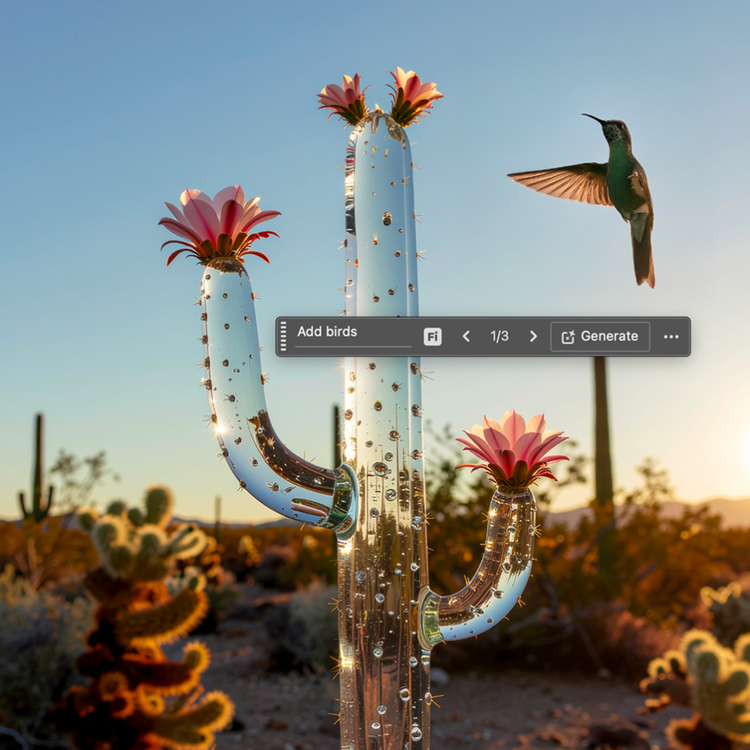 A glass cactus with flowers, standing in the desert at sunset as a humming bird hovers next to it. The Adobe Firefly user interface is overlaid on the cactus, demonstrating the Generative Fill tool.