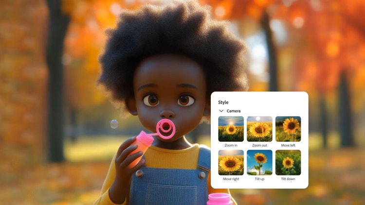 A child blows bubbles on an autumn day while a style menu overlay shows how to add cinematic effects to an AI-generated character with camera movement options like zoom, tilt and pan.