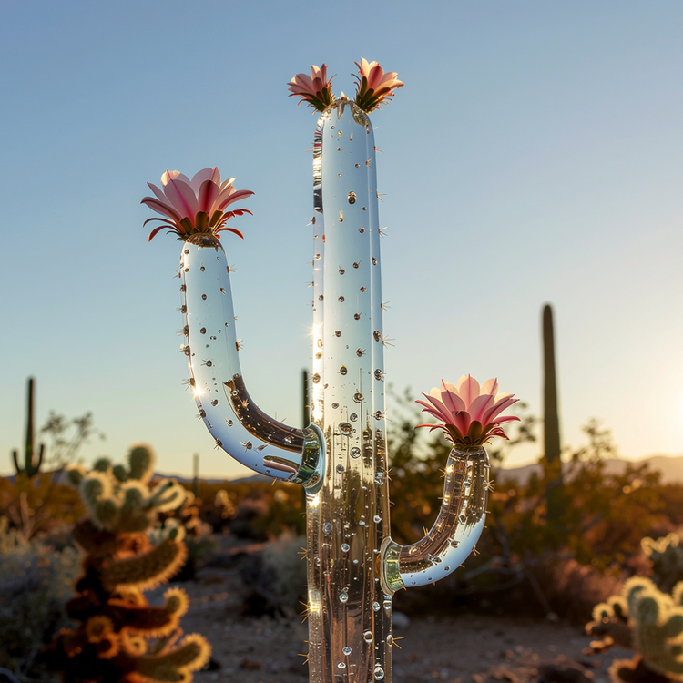 A glass cactus with flowers, standing in the desert at sunset.