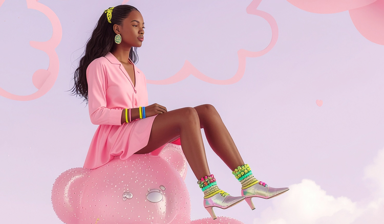 A fashionable young woman in a pink dress sits atop a giant pink teddy bear, which is floating through the air.