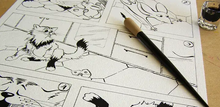 Inked comic storyboard panels of animal characters on a desk, alongside a pencil and bottle of ink