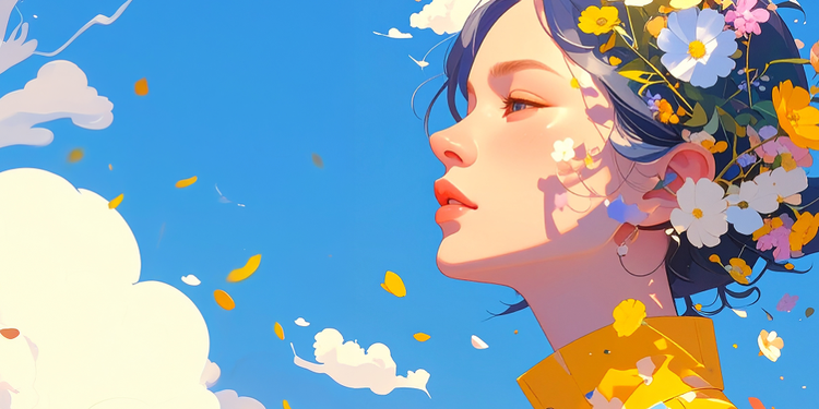 An illustration of a young woman against a clear blue sky. She has flowers in her hair and petals float around her.