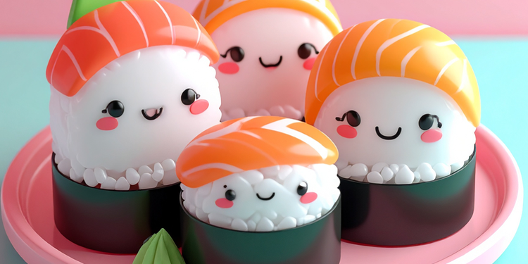 A sushi platter, where each piece of sushi has a smiling cartoon face.