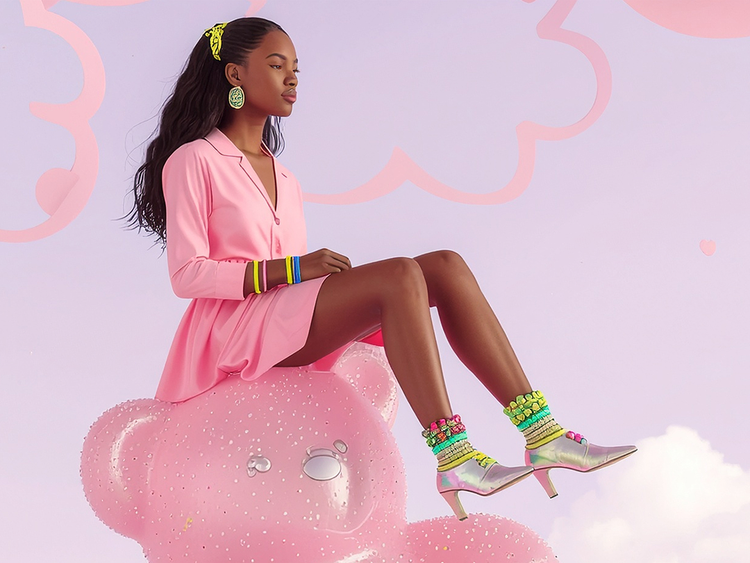 A fashionable young woman in a pink dress sits atop a giant pink teddy bear, which is floating through the air.