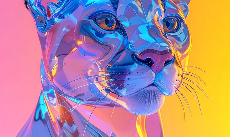 https://main--da-cc--adobecom.aem.live/cc-shared/assets/products/firefly/features/ai-animation-generator/media_197707bd2bae7d25daf93c9344f50c17829e0a30b.mp4#_autoplay | Big cat portrait with flowing blue, pink and yellow colours in abstract digital art style.