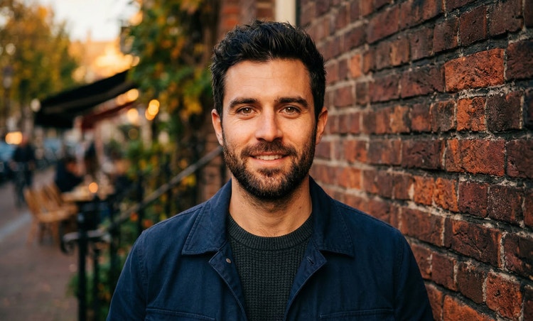 An AI-generated headshot of a man looking straight at the camera, standing against a brick wall.