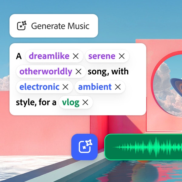Surreal pastel scene with geometric shapes, clouds and a ringed planet, overlaid with a music generation interface showing prompt tags and an audio waveform preview.