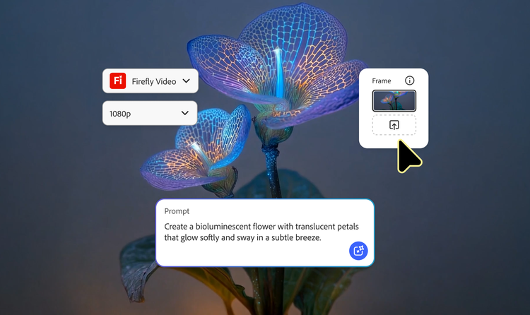 AI generated animated video of a bioluminescent flower with translucent, glowing petals that gently sway in a subtle breeze, shown within the Adobe Firefly interface with prompt and frame controls visible.