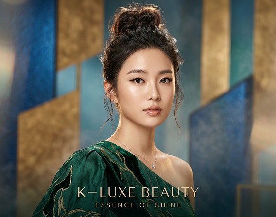 An AI-generated portrait of a young woman with a messy bun in a one-shoulder dress against a stlylised, geometric background.