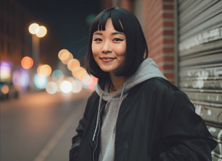 An AI-generated image of a cool-looking young women standing on a city street against a brick wall and sheet-metal garage door with Bokeh lighting.
