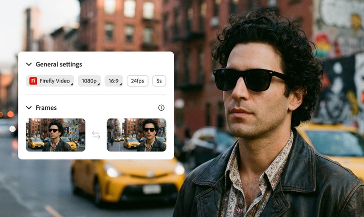 An AI-generated image of a man wearing sunglasses on a busy street is turned into a video using Firefly models.