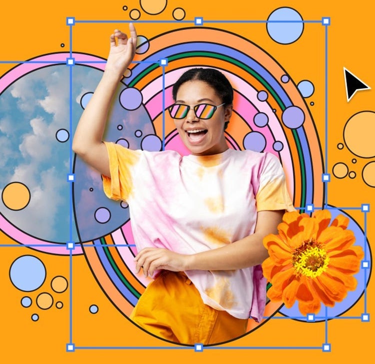 Person wearing a tie-dye shirt and yellow pants posing with one arm raised against a vibrant, abstract background featuring colorful circles, clouds, and an orange flower., Picture