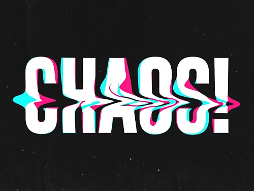 The middle section of the word chaos is curved in one direction as if an object has flown through it