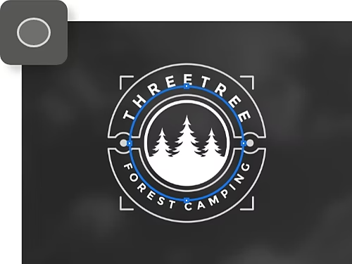 An ellipse tool is used in Adobe Photoshop to create a circular logo with curved text with icon overlaid