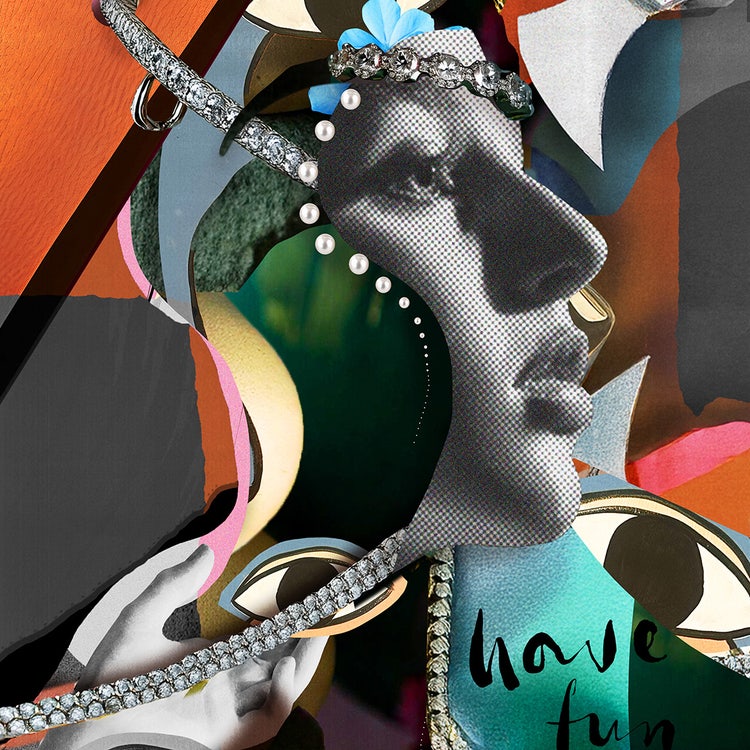 Surreal digital collage by Augustynka using Adobe Photoshop GenAI Tool. Grayscale woman's face lined with pearls and diamonds, surrounded by vibrant shapes. Buttons read ‘Big dimond earring' and Generate’.