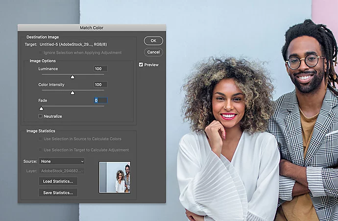 Image of two people posing with Adobe Photoshop Match Colour options hovering next to them